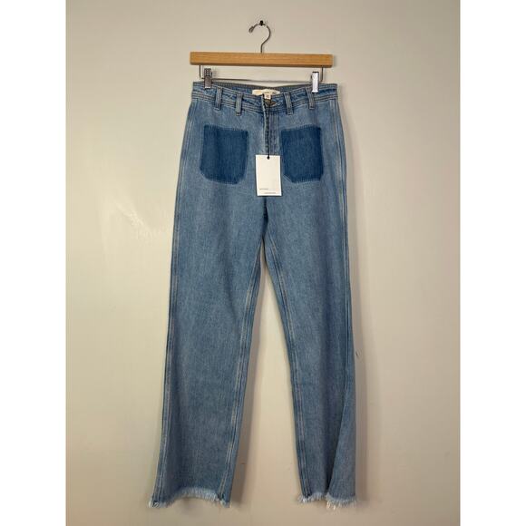 NWT Seventy + Mochi High Rise Mabel Wide Leg Denim Blue Jean with Patch Pocket - Picture 2 of 9